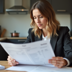 Femme examinant un bulletin de salaire et documents à la maison
