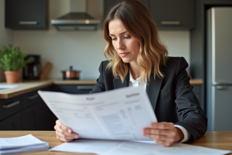Femme examinant un bulletin de salaire et documents à la maison