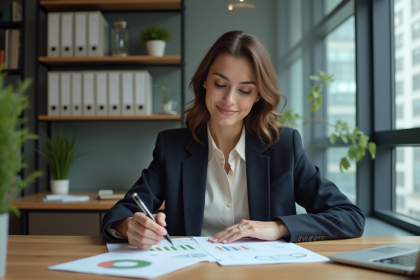 Femme professionnelle examinant documents de prêt immobilier