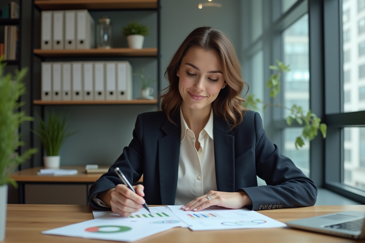 Femme professionnelle examinant documents de prêt immobilier