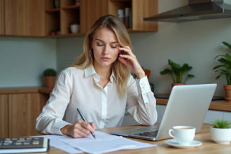 Femme examinant des documents de prêt immobilier à la maison