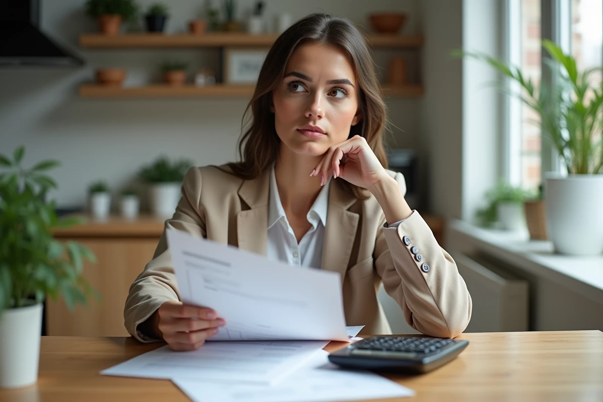 Femme réfléchie en train de revoir des documents dans une cuisine moderne