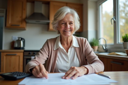 Femme retraitée souriante dans sa cuisine avec documents