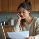 Femme réfléchissant à ses papiers dans une cuisine chaleureuse