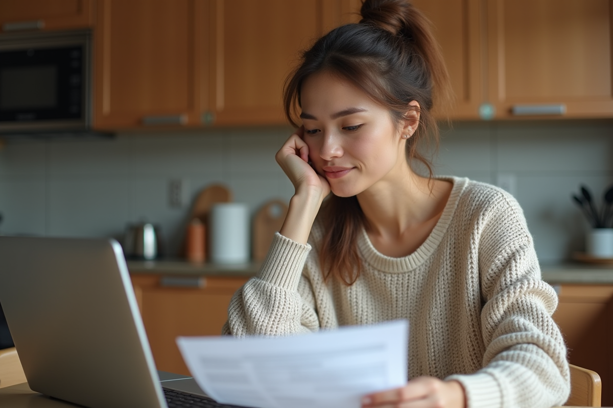 Femme réfléchissant à ses papiers dans une cuisine chaleureuse