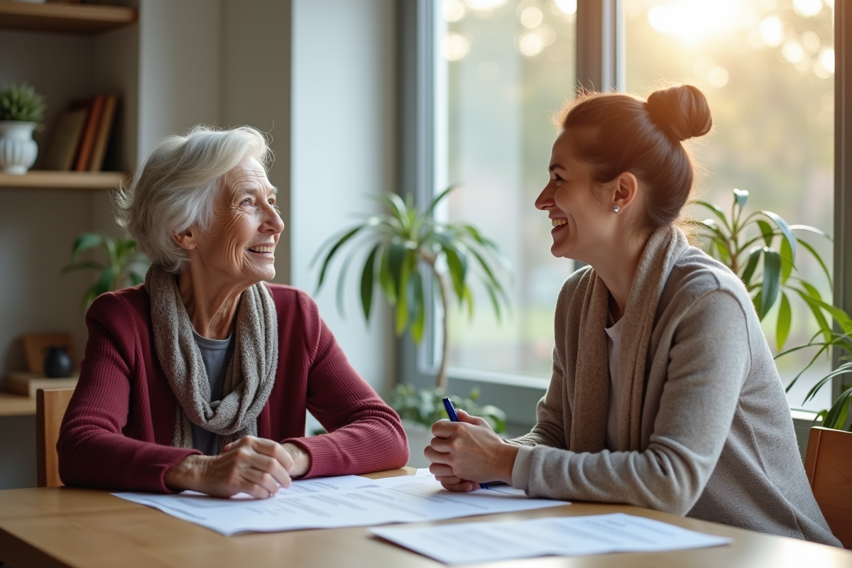 Femme senior parlant avec une assistante sociale dans un centre