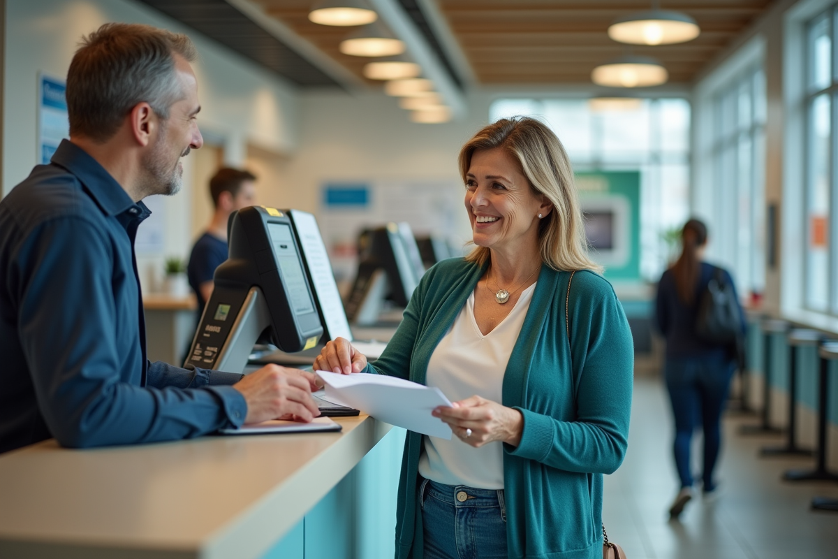 Femme remettant des documents à un employé de banque postale