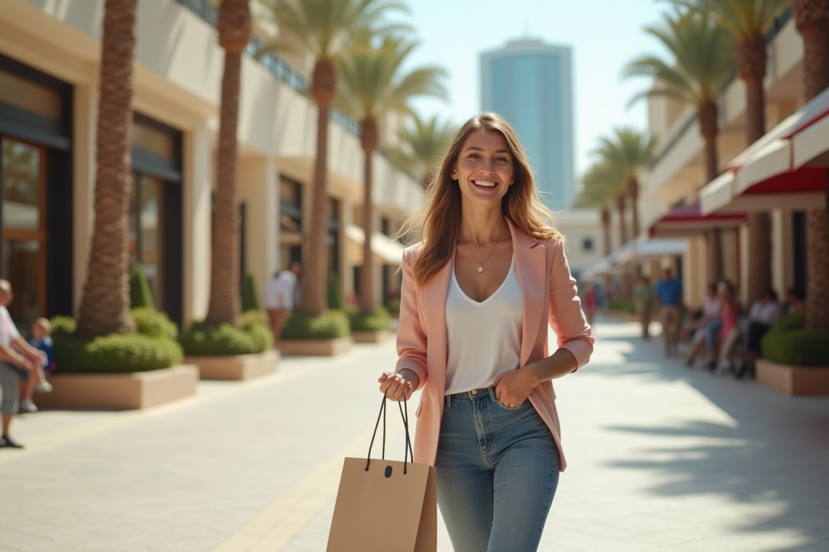 Jeune femme marchant dans une zone commerçante à Dubaï