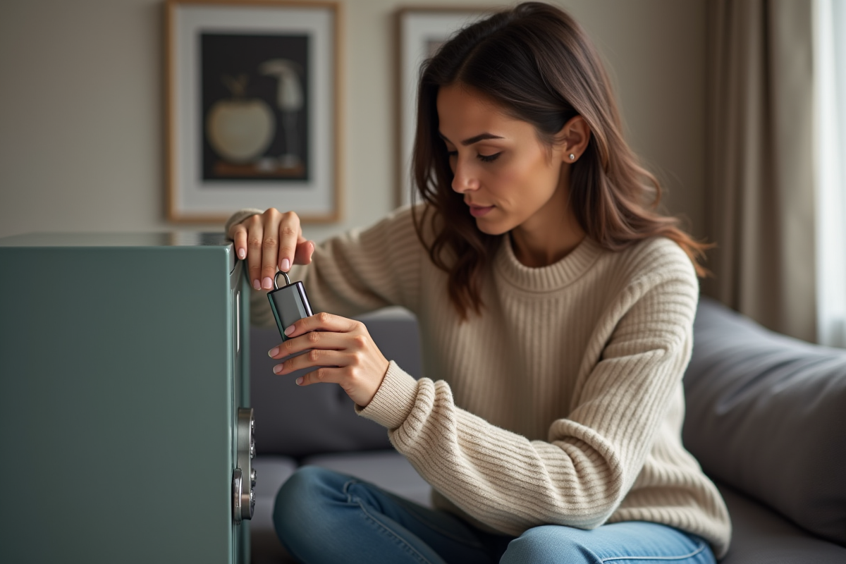 Femme rangeant une clé USB dans un coffre-fort à la maison