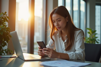 Jeune femme utilisant son smartphone pour valider une transaction bancaire