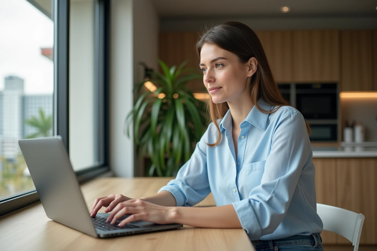 Jeune femme travaillant sur son ordinateur dans une cuisine moderne