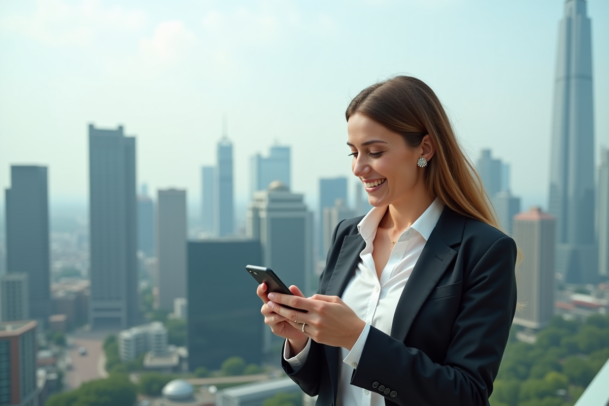 Femme urbaine souriante utilisant son smartphone en ville