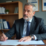 Homme public fonctionnaire en costume examine documents pension