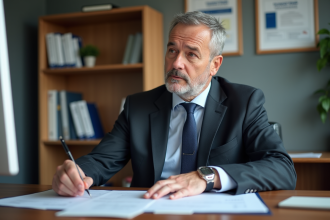 Homme public fonctionnaire en costume examine documents pension