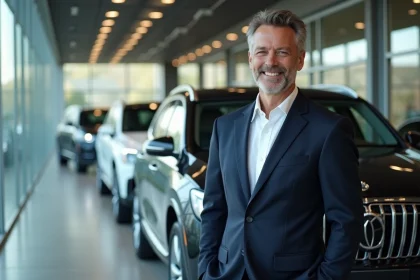 Chef d'empire automobile en costume marine devant un showroom de voitures de luxe, illustrant une enquête sur la fortune de GMK