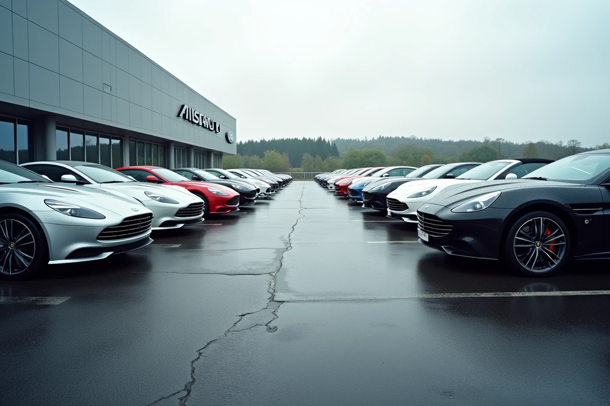 Parc automobile d'un grand groupe de distribution de voitures de luxe alignées devant un siège social moderne, symbole de la valeur de l'empire GMK