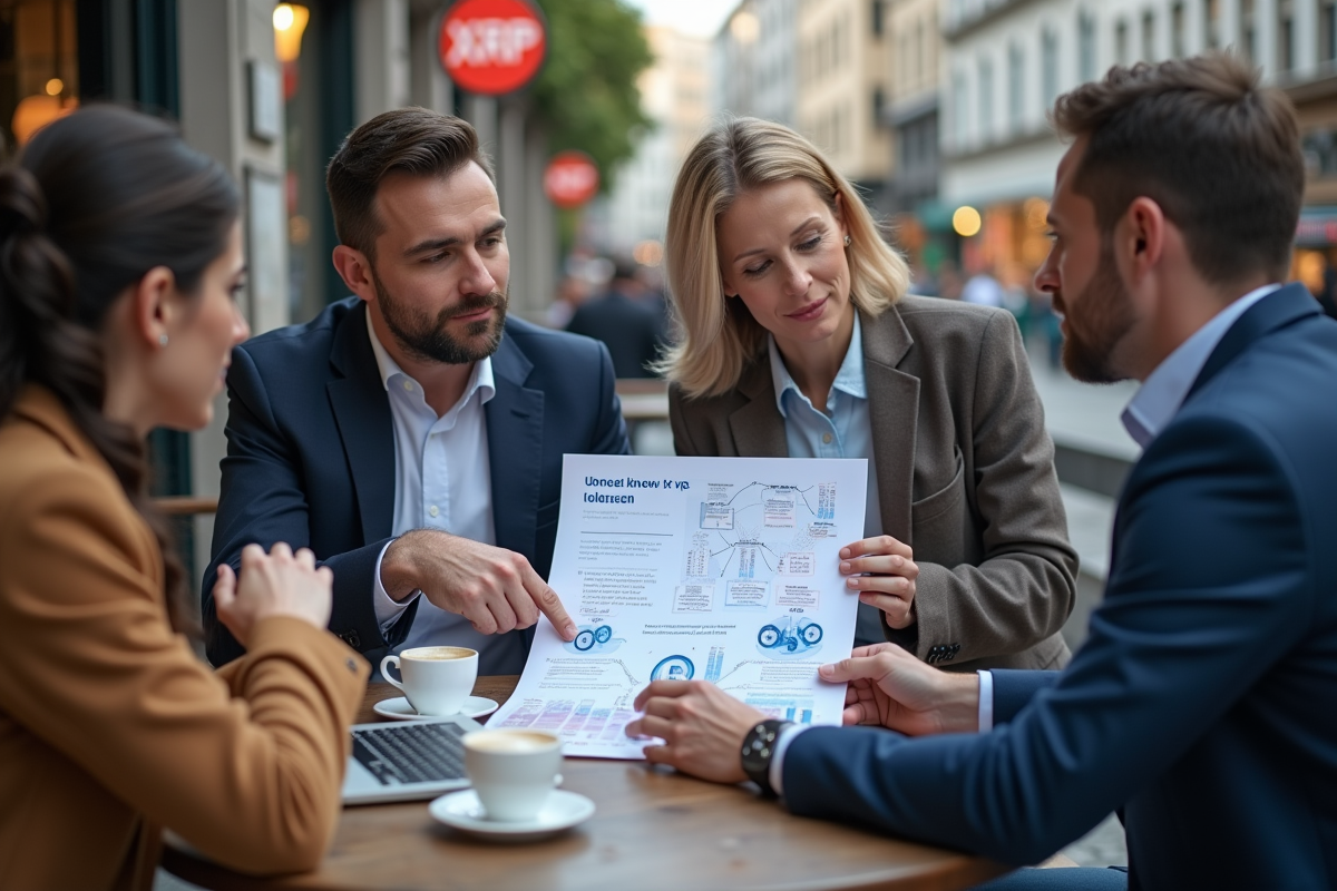 Groupe de trois personnes discutant autour d un infographique XRP