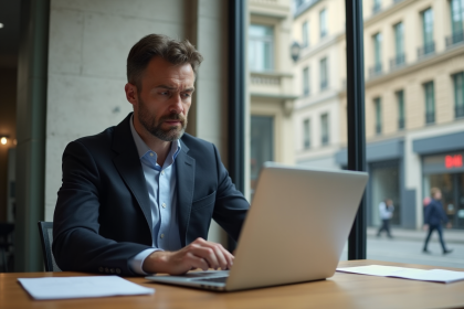 Homme d'affaires en costume dans une banque parisienne