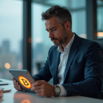 Homme d'affaires en costume regardant une tablette avec logo Bitcoin