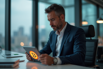 Homme d'affaires en costume regardant une tablette avec logo Bitcoin