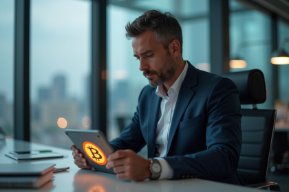 Homme d'affaires en costume regardant une tablette avec logo Bitcoin