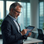 Homme d'affaires lisant des graphiques financiers sur une tablette