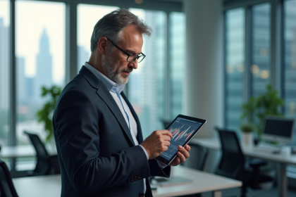 Homme d'affaires lisant des graphiques financiers sur une tablette