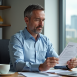 Homme d'affaires en bureau lisant un relevé financier