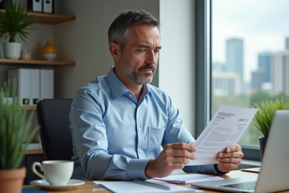 Homme d'affaires en bureau lisant un relevé financier