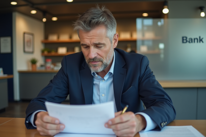Homme en blazer bleu dans une banque lisant des documents