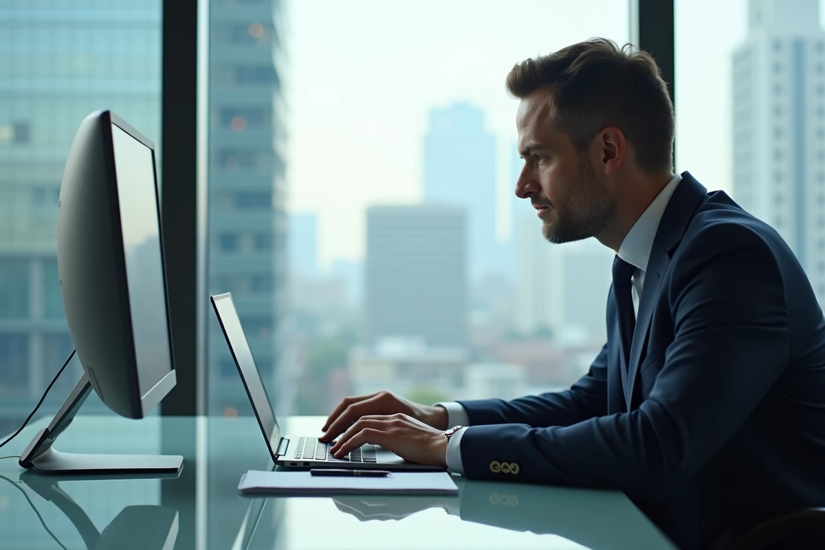 Homme en costume naviguant sur un site bancaire dans un bureau urbain