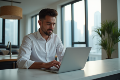 Homme d affaires vérifiant son budget dans un appartement à Dubaï