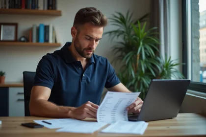 Homme au bureau examine des re&ccedil;us de carburant
