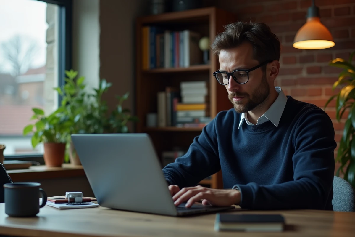 Homme concentré travaillant sur un ordinateur dans un bureau cosy
