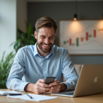 Homme d'affaires souriant avec smartphone dans un intérieur moderne