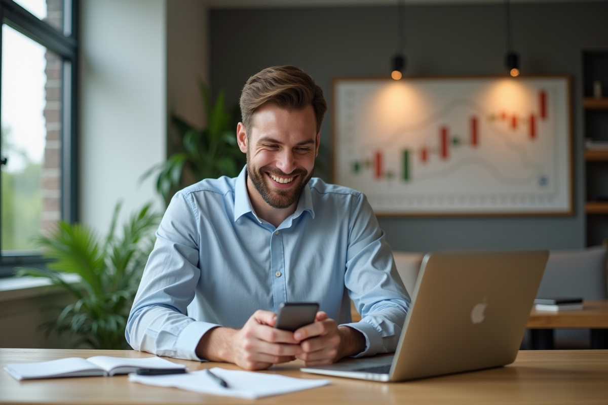 Homme d'affaires souriant avec smartphone dans un intérieur moderne
