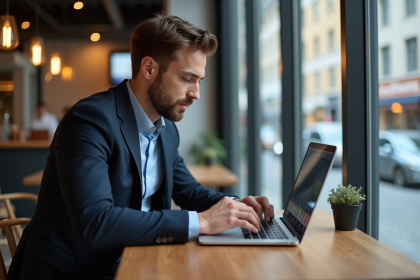 Homme en café vérifiant des graphiques crypto sur son ordinateur