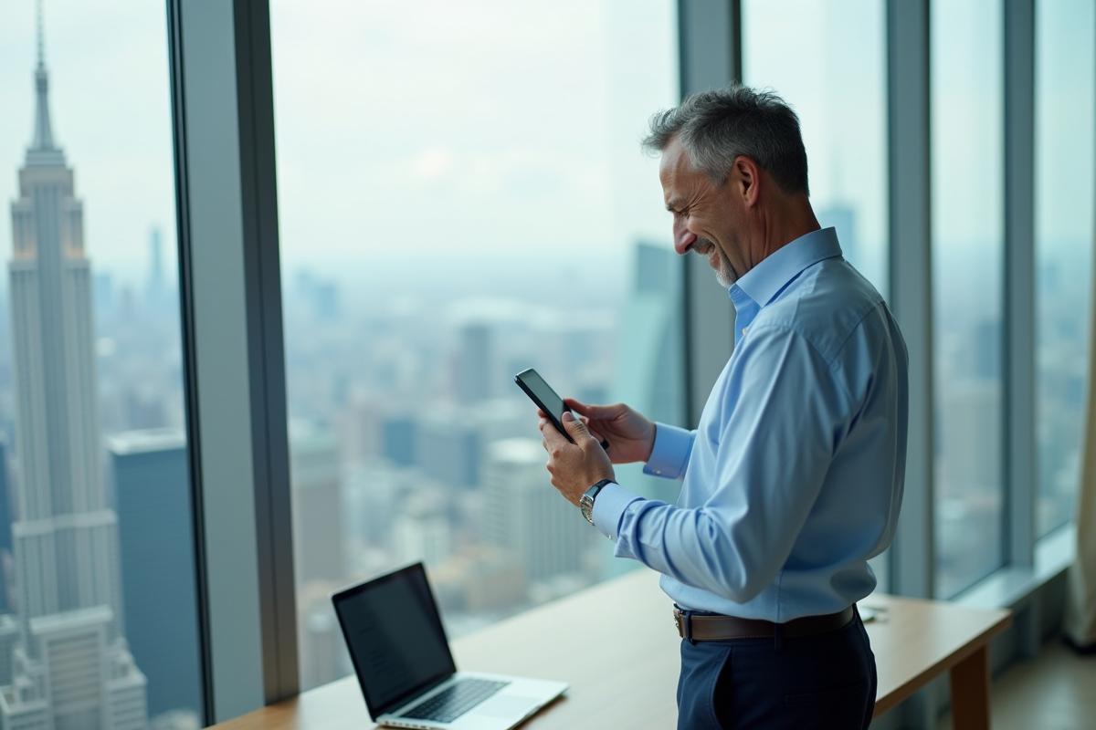 Homme d affaires vérifiant ses actions dans un bureau moderne