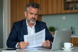 Homme d'âge moyen lisant un contrat dans une cuisine moderne