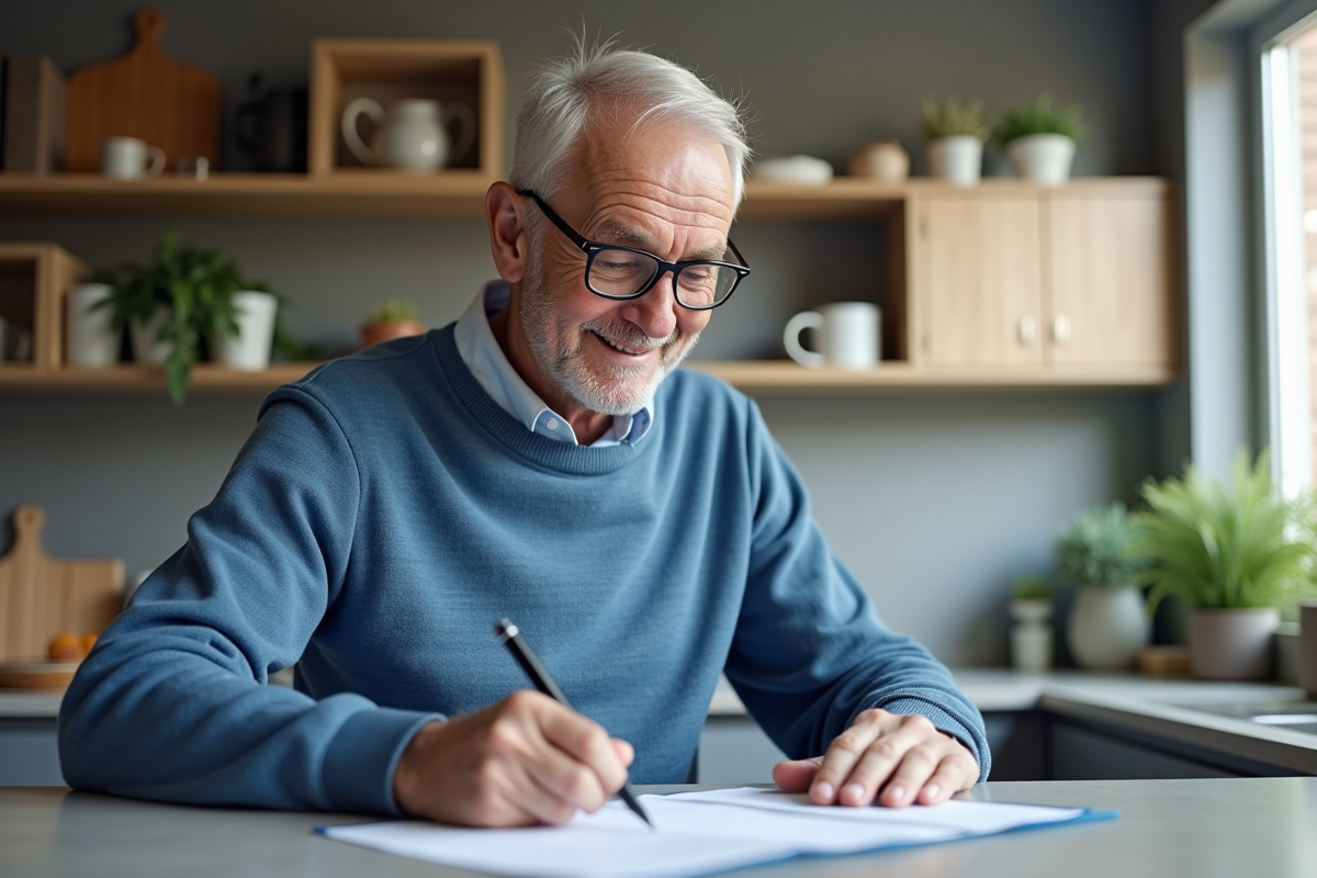 Homme remplissant un contrat dans une cuisine moderne