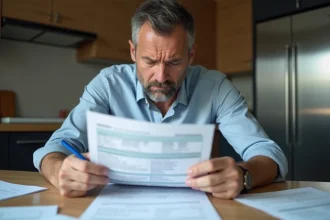 Homme d'âge moyen vérifiant un formulaire fiscal français à la maison