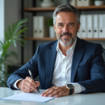 Homme d'affaires en costume signe un document dans un bureau moderne