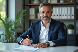 Homme d'affaires en costume signe un document dans un bureau moderne