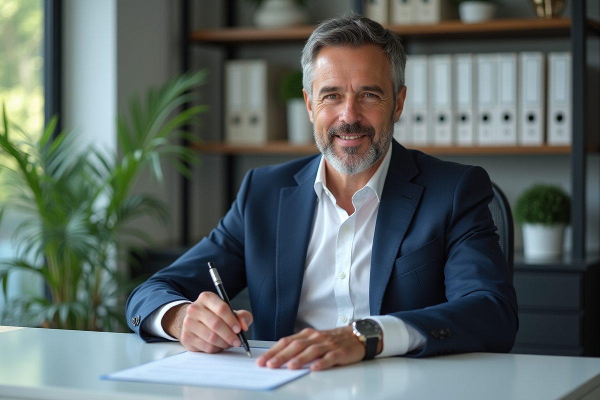 Homme d'affaires en costume signe un document dans un bureau moderne