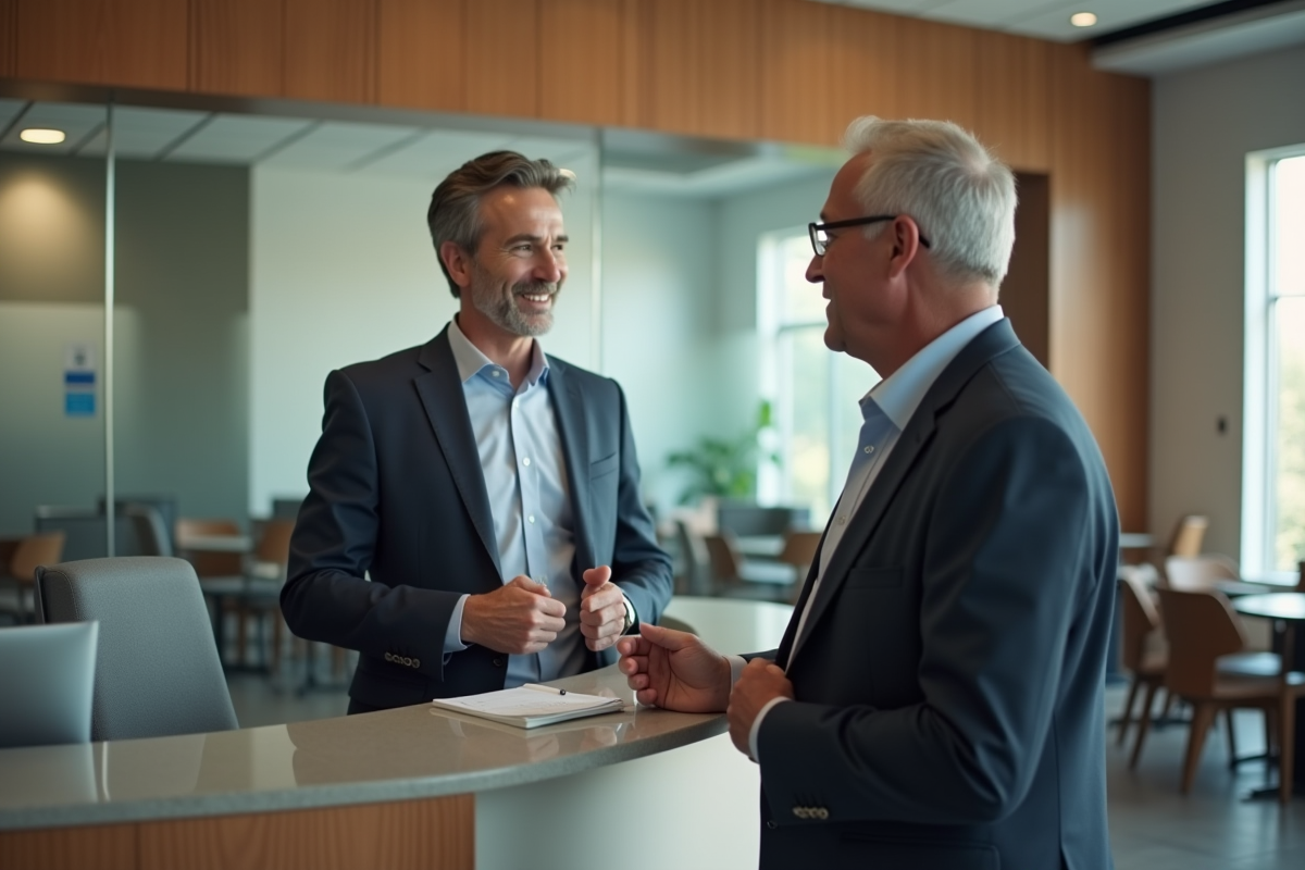 Homme d affaires parlant avec un conseiller bancaire dans une agence