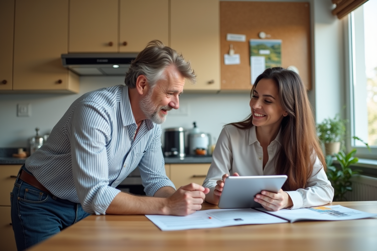 Homme discutant de prêt avec courtier dans cuisine lumineuse
