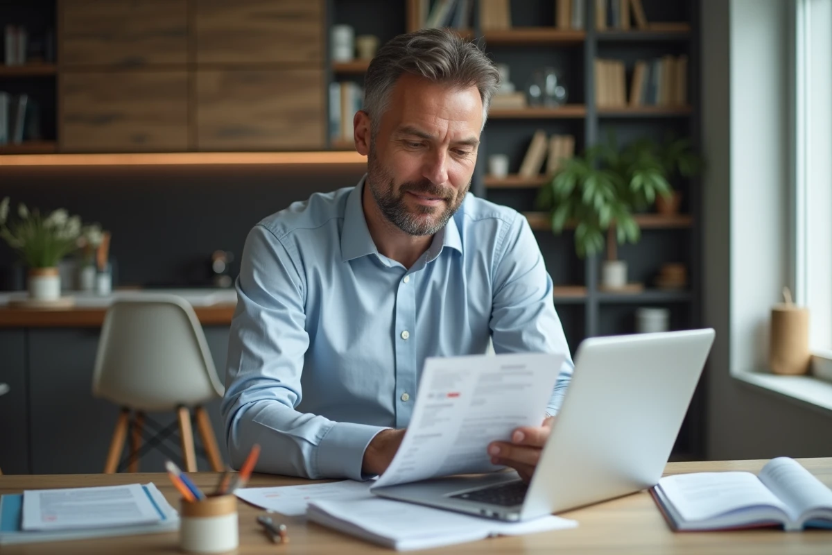 Homme d'affaires compare relev&eacute;s bancaires et ordinateur