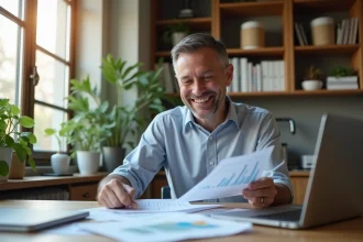 Homme d'affaires souriant devant ses documents financiers