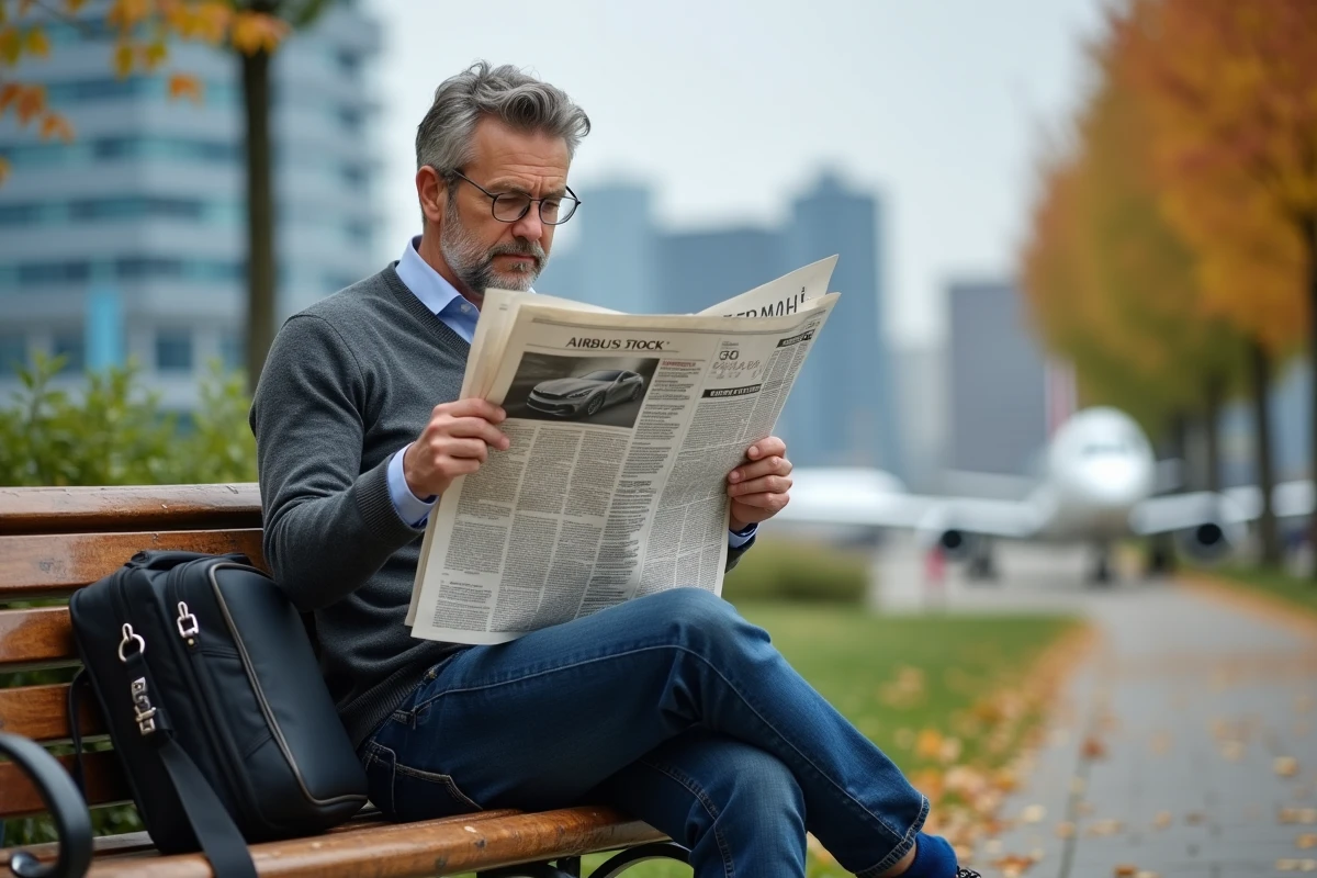 Homme lisant un journal financier en plein air