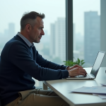 Homme d'âge moyen studieux devant son ordinateur en matinée